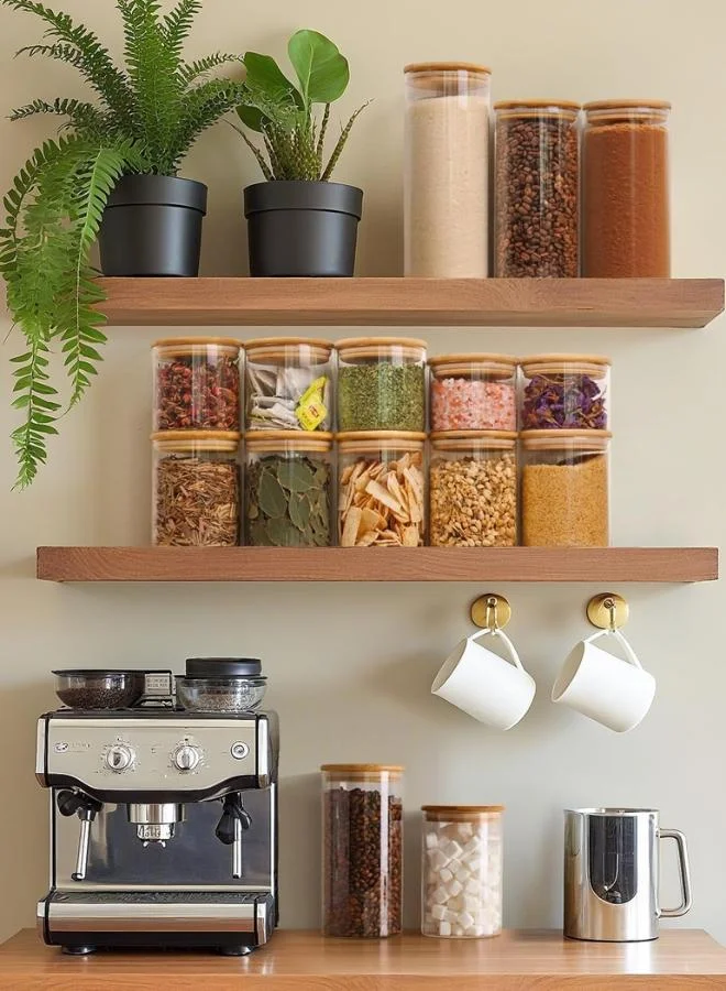 كازا كيسيرا أوعية تخزين زجاجية فاخرة بغطاء خشبي محكم  مل مجموعة من  برطمانات طعام للمطبخ والخزانة المنظمة